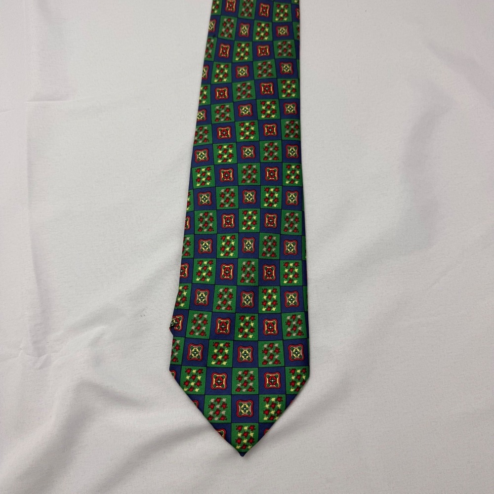 Nicole de Beauvoir Silk Tie Men's 59"x3.75" Green Blue Geometric Medallion Italy